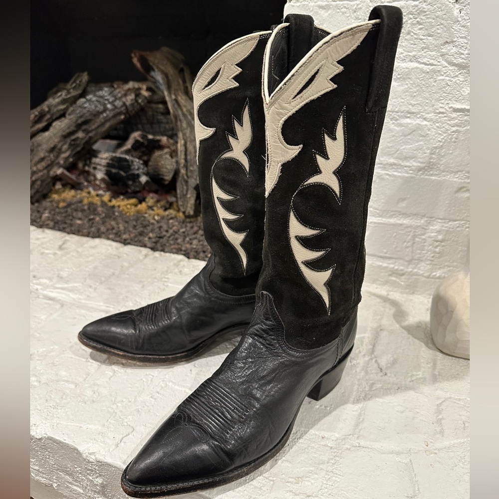 Vintage Dan Post Black & White Leather Suede Cowboy Boots in Women’s Size 9